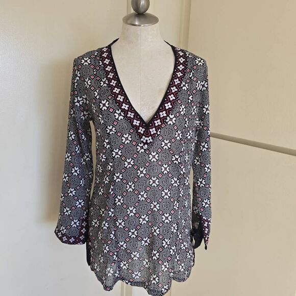 Anne Cole Collections Deep V-Neck Tunic, Blk/Pink/Wht, Cotton, Thigh Lgth.NWOT, - Picture 1 of 9